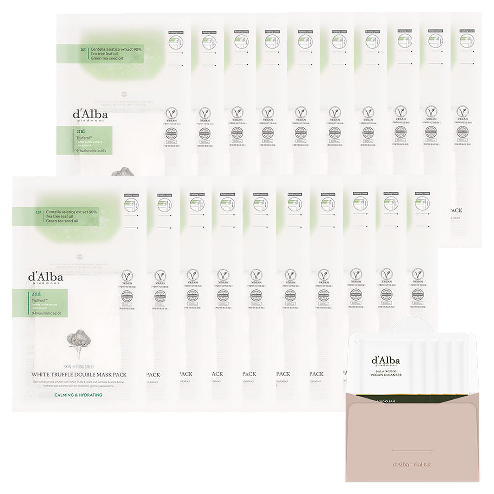 d'Alba White Truffle Double Calming & Moisturizing Mask Pack (34Sheets) + Vegan Gel Cleanser (5 Sheets) Set
