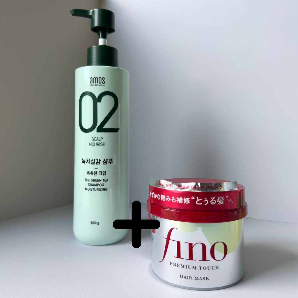 AMOS Professional 02 The Green Tea Moisturizing Shampoo 500g + Fino Premium Touch Hair Mask 230g Set (1 Unit)