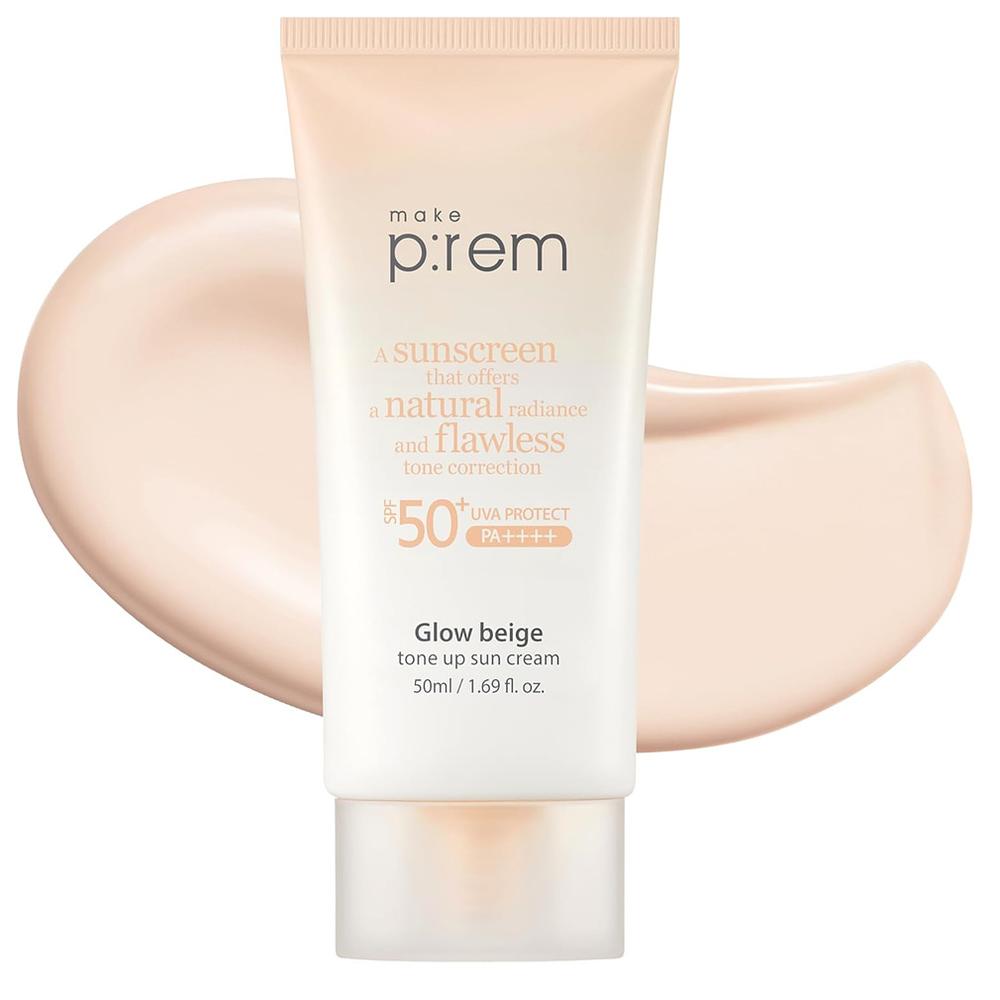 make p:rem 선스크린 50ml 1팩 글로우 베이지 Make Prem Glow Beige Tone Up Sunscreen, 1.7 fl oz (50 ml)