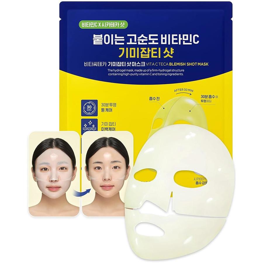 CLEADERM CKD Vita C Teca 블레미쉬 샷 마스크 - 순수 비타민 및 병풀이 함유된 하이드로겔 퍼밍 페이스 시트, 광채, 다크 스팟 잡티 완화, 5장