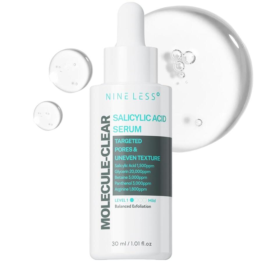 [아마존 공식]NINELESS Molecule-Clear 살리실산 세럼 - 한국 스킨케어 BHA 지성 여드름 피부용 딥 포어 각질 제거 - 판테놀, 히알루론산 나트륨 - 보습, 진