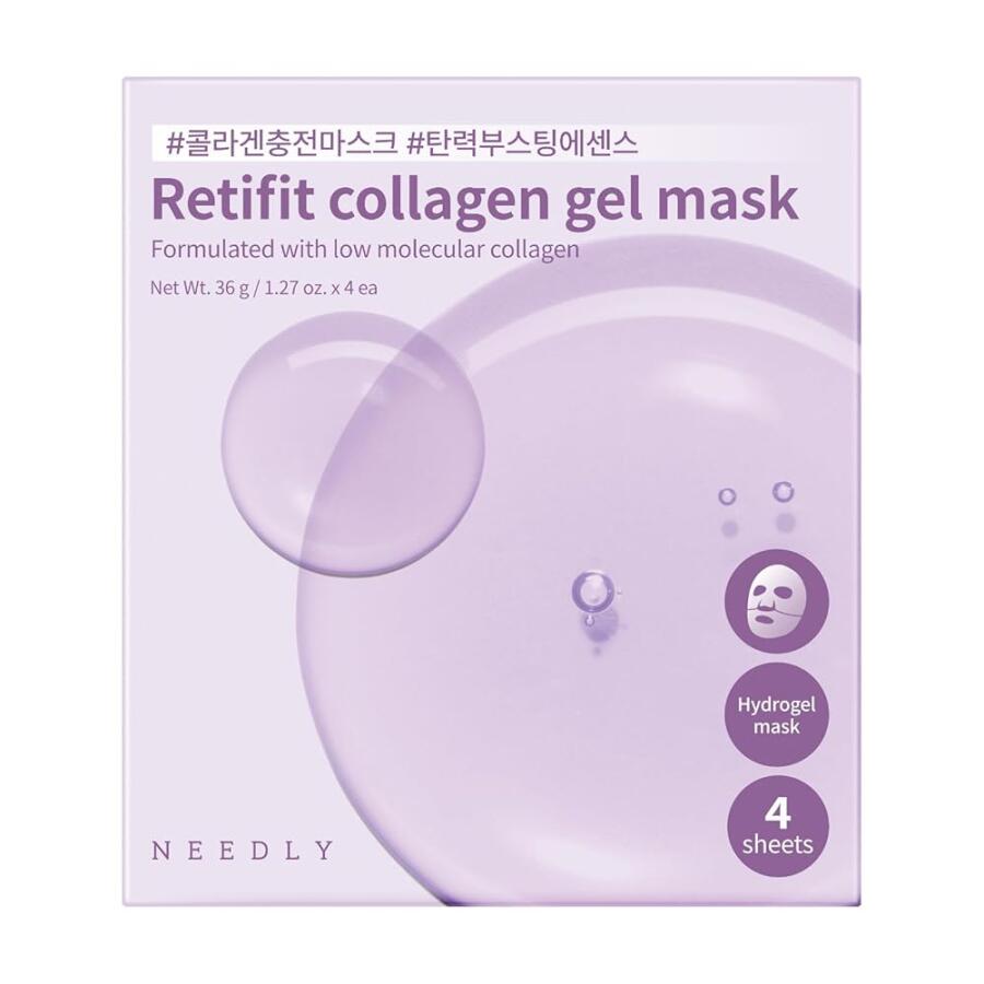 [아마존 공식]NEEDLY Retifit 콜라겐 젤 마스크 (4장) | 고형화된 에센스, 코어, 기둥, 아기, 피부 톤 케어, 쉴드, 탄력성, 페이셜 리프팅, 래디언스로 제작되었습