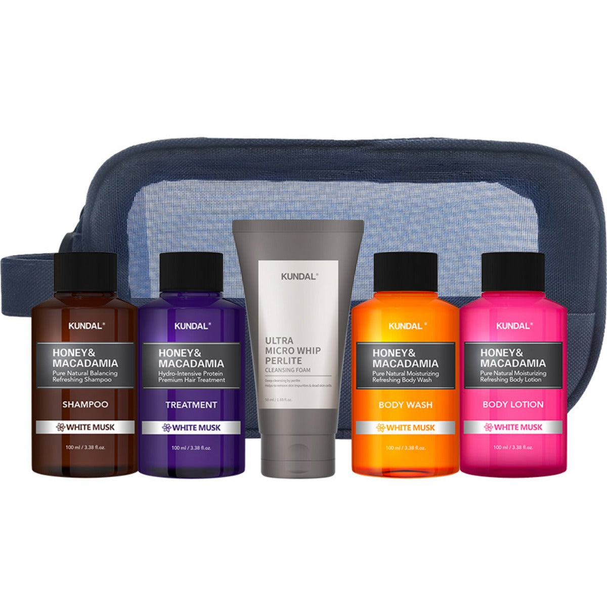 Kundal Travel 5-Piece Kit Type B (White Musk Scent, Includes Cleansing Foam) - 1 Set 225ml