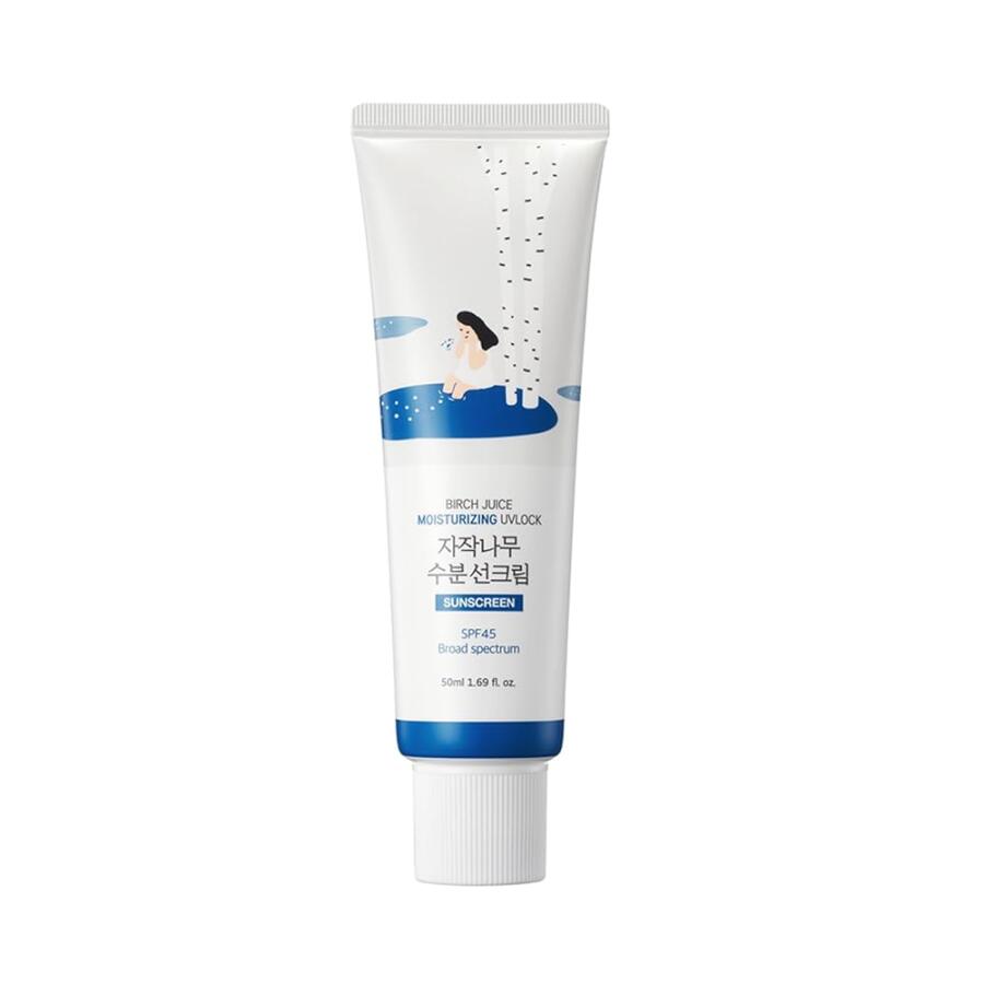 [아마존 공식]ROUND LAB Birch Juice 모이스처라이징 UV 락 SPF 45, 500ml(1.69액량 온스), 민감한 피부를 위한 수분 공급 로션 같은 경량 글로우 자