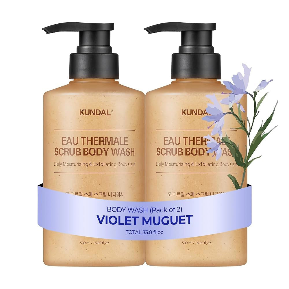 KUNDAL Eau Thermale Scrub Body Wash [Violet Muguet] AHA & PHA Moisturizing and Exfoliating, 500ml (17.6 oz) - 2 Pack