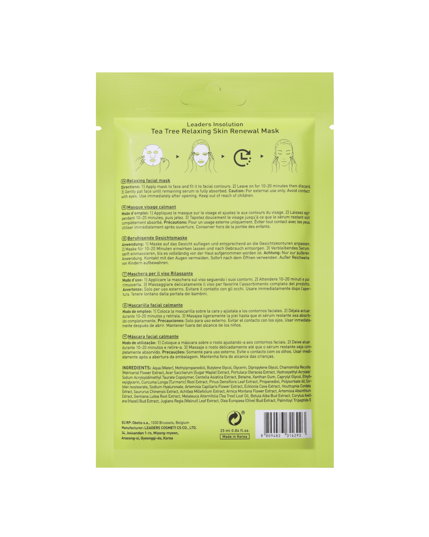 Leaders Cosmetics Insolution Tea Tree Relaxing Skin Renewal Mask RX 30Sheets